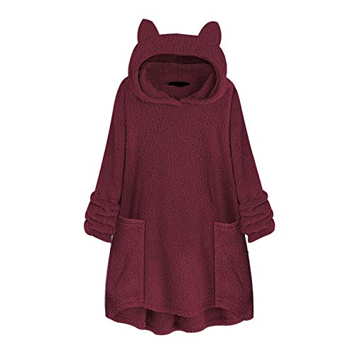 Fleece Color SóLido Oreja De Gato Tallas Grandes Sudadera con Capucha Bolsillo Superior SuéTer Blusa Felpa Y para Mujer