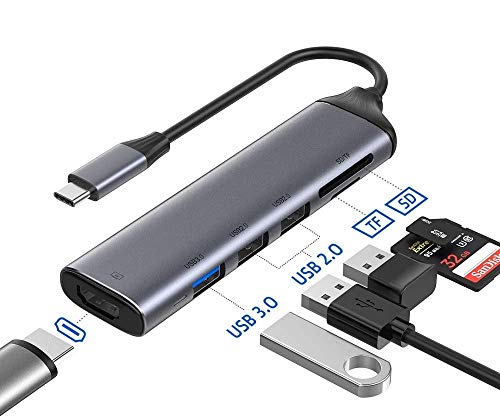 FLYLAND Hub USB C Adaptador, 7 en 1 Aluminio Tipo C Hub con Salida 4K HDMI, 2 USB 2.0, 1 Puertos USB 3.0, Lector de Tarjetas SD/Micro SD Compatible para MacBook Pro, XPS Más Dispositivos Tipo C