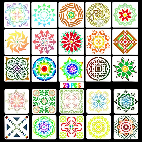 GZLCEU 25 plantillas de mandala reutilizables, para pintar sobre madera, piedra, tejidos, muebles, paredes, manualidades, azulejos de suelo, libro de visitas (11 x 11 cm / 15 x 15 cm)