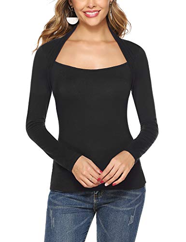 Hawiton Camiseta de Manga Larga para Mujer Algodon Ajustado Cuello de Barco Blusas Elegante Tops para Primavera,Otoño,Invierno