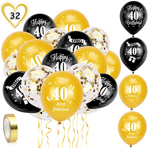 HOWAF Globos de cumpleaños, 30 Piezas 40 años cumpleaños Globos de Latex, Negro y Oro Globos de Confeti y 2 Cintas para Hombres y Mujeres Fiestas de 40 cumpleaños decoración Suministros