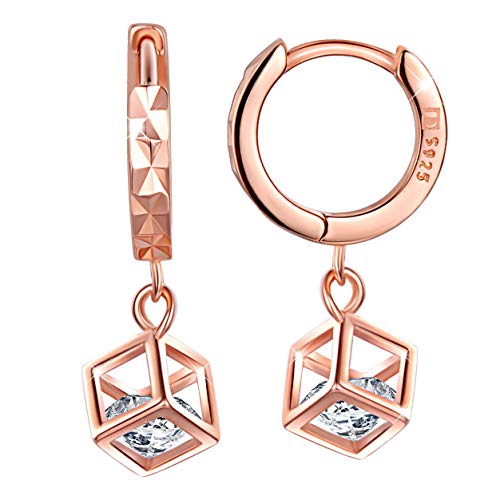 Infinito U- Pendientes Aros Largos con Cubo, Oro Rosa,Idea Regalo para Mujeres Chicas