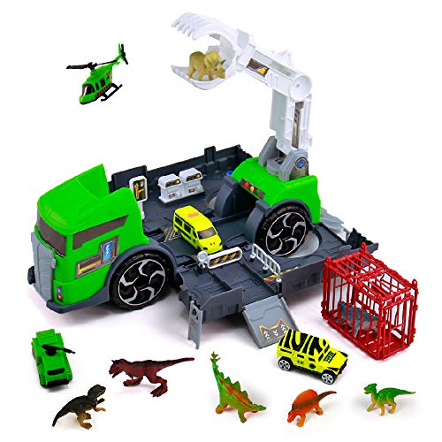 jerryvon Dinosaurios Juguetes Camión de Dinosaurio con 7 Animales de Figuras Dinosaurios 3 Coches de Juguetes Jurassic World Juegos Educativos Regalos para Niños Niño Niña 3 4 5 Años