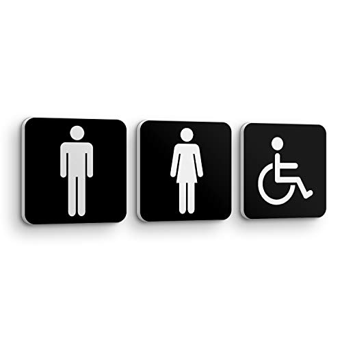 Juego de 3 Placas Señales WC Servicio para Puerta y Pared de Baño - 3pcs de 15 x 15 x 1 cm - Uso Interior y Exterior - Placa Hombre Mujer Señor Señora Dama y Caballero - Adhesivo, PVC-SE-003