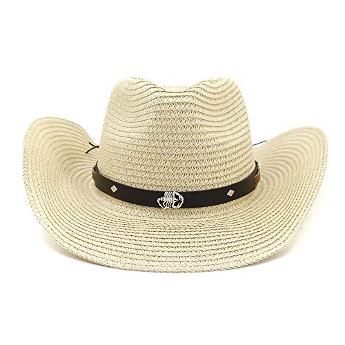 KCBYSS Sombrero de Vaquero Hombre y Mujer, con escorpión de Playa de Metal Plateado y Visera Ajustable, Paja, Caqui, 56-58CM