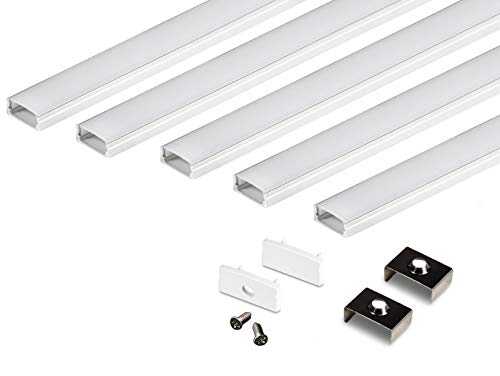 KingLed –KIT 5 Perfiles Standard Aluminio Anodizado MODELO CC-32, Cubierta Opaca de Plexiglás de 1 METRO para tiras LED.Tapones de los extremos y clips de montaje incluidos en el Pack.CÓD:1232