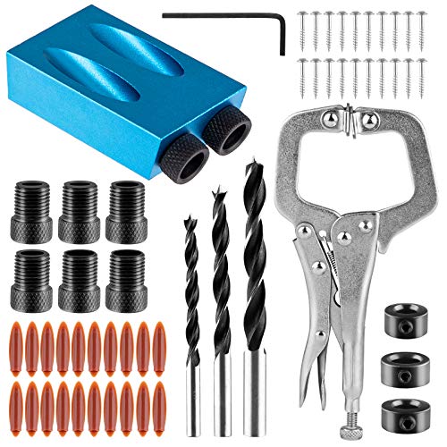 Kit de plantillas de orificio de bolsillo de 55 piezas,taladro de guía de carpintería de 15 grados,Adaptador de accionamiento de ángulo de 6/8 / 10 mm para juego de herramientas de carpintería DIY