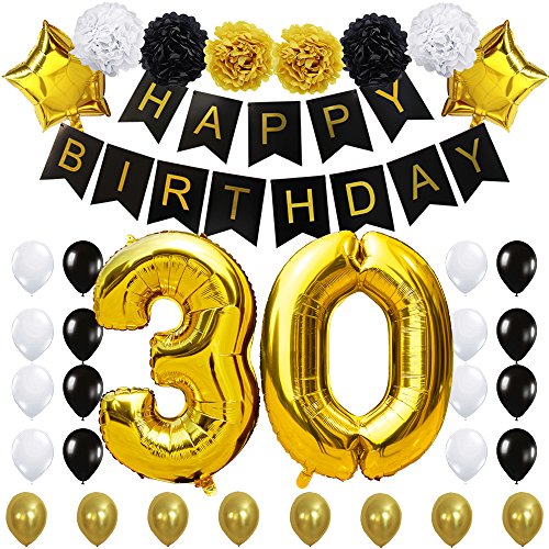 KUNGYO 30 Decoración para Fiestas de Cumpleaños- Happy Birthday Pancarta Negro, 40 Pulgadas Globo de Oro 30", Flores de Papel, Globos de Estrellas y Látex, Fuentes de Fiesta con Clase para 30 años