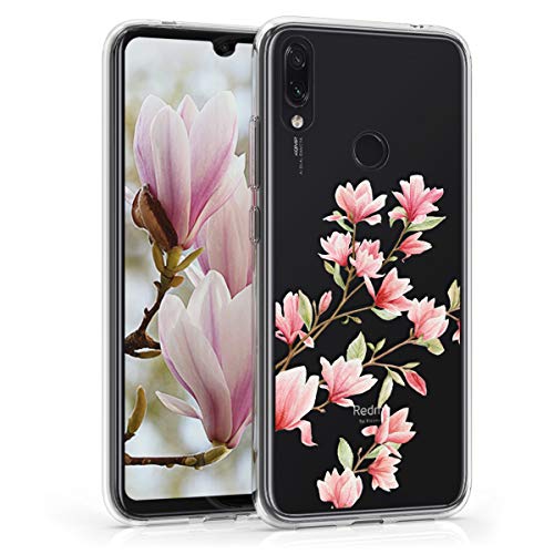 kwmobile Funda Compatible con Xiaomi Redmi Note 7 / Note 7 Pro - Carcasa de TPU y Magnolias en Rosa Claro/Blanco/Transparente