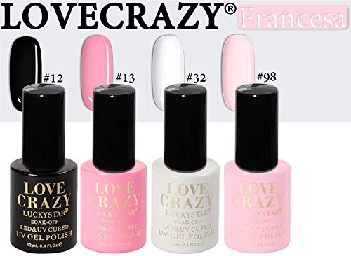 LOVECRAZY® Series Esmaltes de Uñas en Gel Permanente/Semipermanente para Manicura y Pedicura, 4 Esmaltes de Colores,Top Coat y Base Coat UV LED (12,13,32,98)