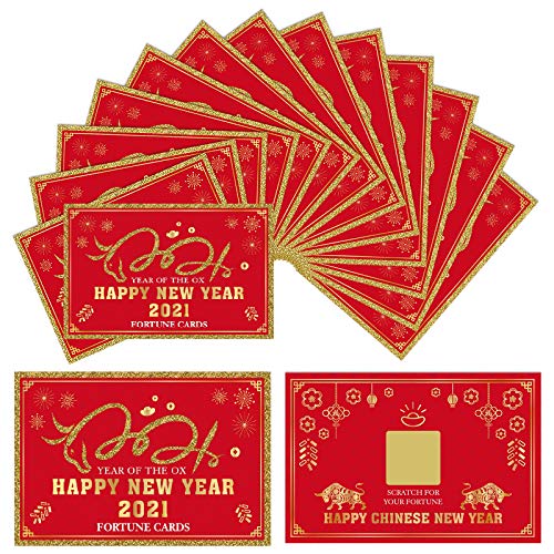 MIAHART 30 tarjetas de la fortuna del año nuevo chino 2021, tarjetas de la fortuna del año nuevo 2021 para rascar, tarjetas de felicitación del año del buey para decoraciones