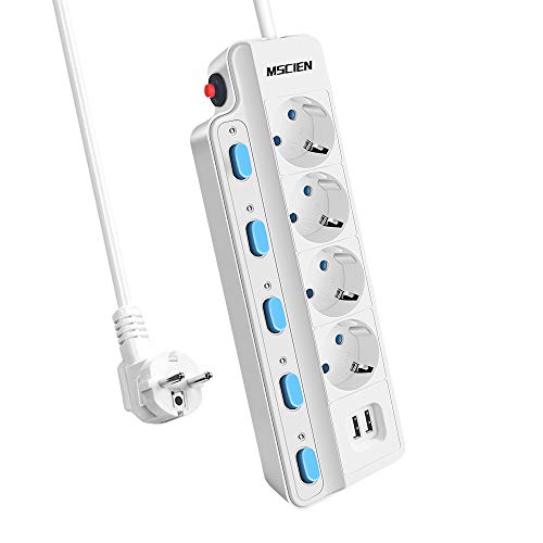 MSCIEN - Regleta Enchufes con Interruptores Independientes, 4 Tomas, 2 Enchufes USB, Proteccin Contra Sobretensiones, Montaje en Pared, Distribucin de Alimentacin (16 A, cable de 2 m), Color Blanco