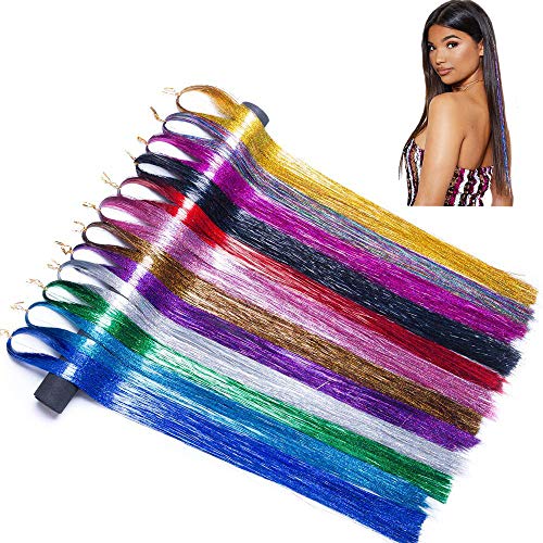 NATUCE 4800 Piezas Pelo de Oropel, 12 Colores 120CM Hilos de Extensión de Pelo Brillante, Cabello Oropel, Kit de Extensión de Pelo, Extensión de Cabello de Oropel Brillante para Niñas Mujeres