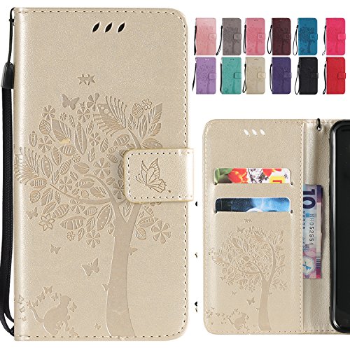 Ougger Funda Huawei Mate 20 Lite Carcasa, PU Piel Billetera Cuero Magnética Protector Suave TPU Silicona Tapa Cover para Huawei Mate 20 Lite con Ranura para Tarjetas, Gato y árbol (Oro)