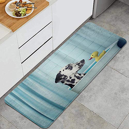 PANILUR Alfombras para Cocina Baño de Cocina Absorbente Alfombrilla，Perro dálmatas Tomando un baño con Pato de Goma de Limpieza，para Dormitorio Baño Antideslizantes Lavables