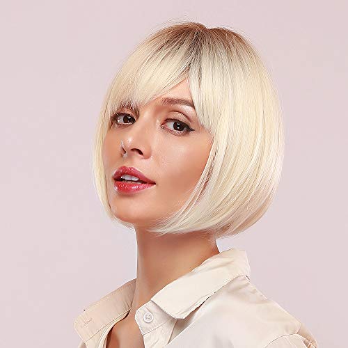 Pelucas Bob Recto-Corto con Flecos,Cosplay Pelucas Sintéticas para Todo Fiesta,Fashion Lleno Pelo de Resistente al Calor,Pelucas de Rubia Blanca,Uso Diario con Natural-Forma para Mujer Chica,12''