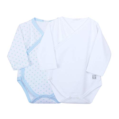 Petit Oh! - Pack de 2 Bodies Cruzados bebé algodón Pima, Talla 3-6 Meses (Blanco + Topo Celeste)