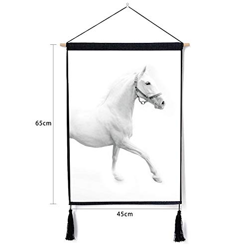 Pintura Tapiz Colgante,Tapiz Blanco Y Negro Simple Caballo Blanco Animales Pintura Colgantes Decorativos Para El Hogar De Pared De Algodón Tejido De Lino Art Borla La Tapa De La Caja De Medidor De