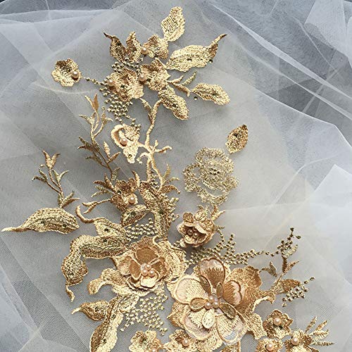 QLING Bordado 3D con cuentas de encaje con apliques florales y diamantes de imitación de tul para bricolaje, escote de boda, vestido de novia, decoración bordada (amarillo dorado)