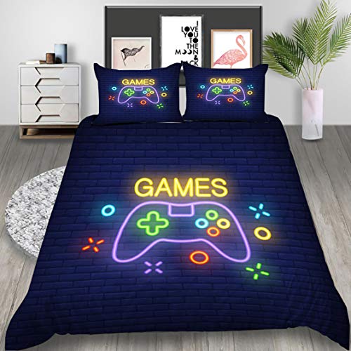 Ropa de Cama con Gamer Gamepad 3D Funda Nórdica Funda de Almohada Controlador de Videojuegos Creativa Impresión Moda Bedding para Niño Adolescentes Chico (Marino, 180x210cm Cama 90 cm)