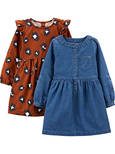 Simple Joys by Carter's Juego de 2 Vestidos de Manga Larga. Infant-and-Toddler-Playwear-Dresses, Impresión de Cambray/Guepardo, 18 Months, Pack de 2