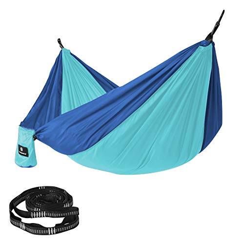 SONGMICS Hamaca de Camping, 275 x 140 cm, 300 kg Capacidad de Carga, Probado por el TÜV, con Correas Multi-Lazos y Mosquetones, Ligera, Secado Rápido, Transpirable, Azul Cielo y Azul Real GDC14BU