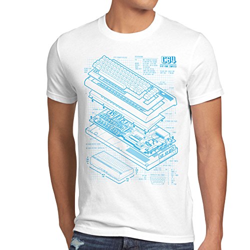 style3 C64 Computadora Cianotipo Camiseta para Hombre T-Shirt Classic Gamer, Talla:L, Color:Blanco