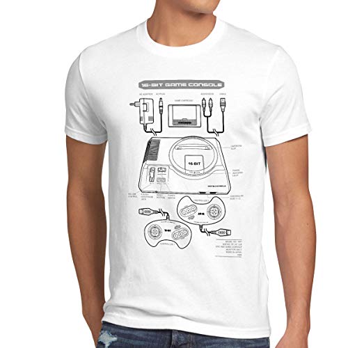 style3 Mega 16-bit Camiseta para Hombre T-Shirt Gamer Classic Retro Videoconsola Sonic Drive, Talla:XL, Color:Blanco