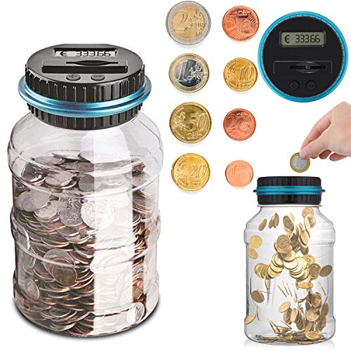 Sunsbell Hucha Contador, Caja de Ahorro de Monedas Euro Dinero Moneda Caja de conteo de Gran Capacidad para Pantalla LCD Caja de Monedas Banco de Ahorro Contenedor para niños (1.8L)