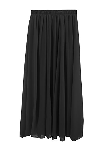 SYEEGCS Falda Larga Mujer Gasa Elegante Plisada Bohemia Cintura Alta Elástica 2 Capas Casual Estilo - Negra 80CM