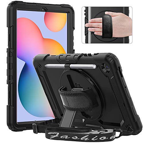 Timecity Funda Compatible con Samsung Galaxy Tab S6 Lite 10.4"2020 / SM-P610/ P615, con Protector de Pantalla Incorporado y Pata de Cabra Giratoria de 360 Grados y Correa de Mano y Hombro - Negro