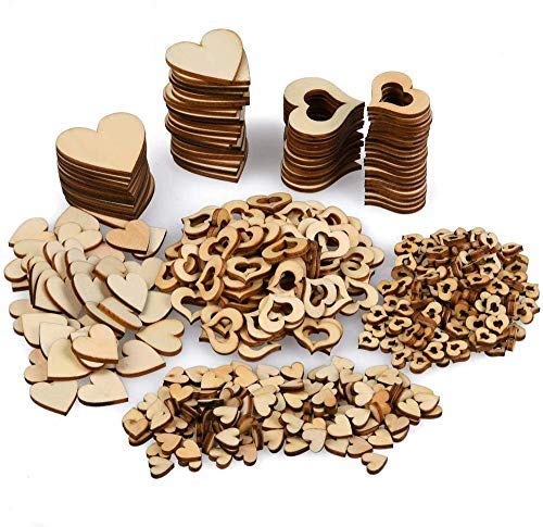 TOKERD 500 Piezas Corazones de Madera Rodajas para Manualidades Corazones de Madera Pequeños Para Decoración de Boda Adornos Artesanales DIY Tamaño 10mm, 20mm, 30mm, 40mm