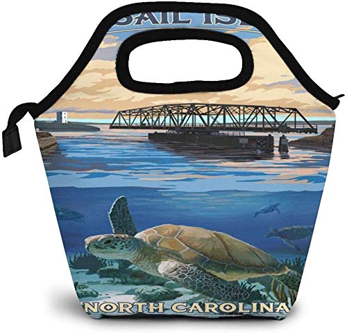 Topsail Island Travel North Carolina Bridge Turtle Bolsa de almuerzo con aislamiento personalizado Bento Box Picnic Cooler Bolso portátil Bolsa de almuerzo para mujeres, niñas, hombres, niños