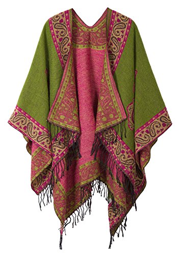 Urban GoCo Poncho Mantilla con Borlas del Estilo de Retro Chal Cape para Mujeres (#2 Verde)