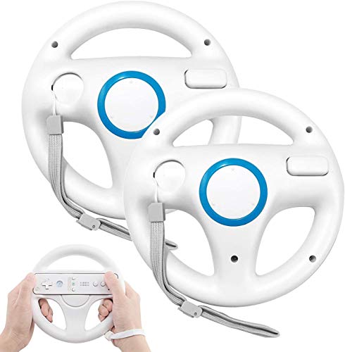 Volante para Nintendo Wii y Wii U, PowerLead 2 pcs Blanc Racing Wheel Compatible con Mario Kart, Rueda del Controlador de Juego para Nintendo Wii Remote Game-White