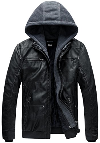 Wantdo Chaqueta Cuero Capucha de Vestir Hombre Negro X-Large