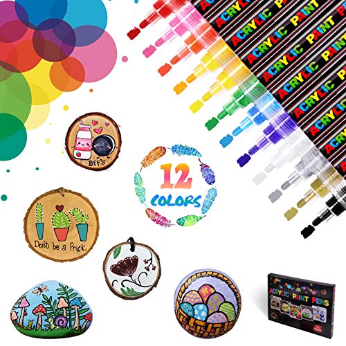 WONSAR Rotuladores Acrilicos 12 Colores Rotuladores de Pintura Acrílica para Lienzo Madera Metal Papel Vidrio Cerámica Taza Plástico Álbum de Fotos Kit de Manualidades DIY (2-3 mm)