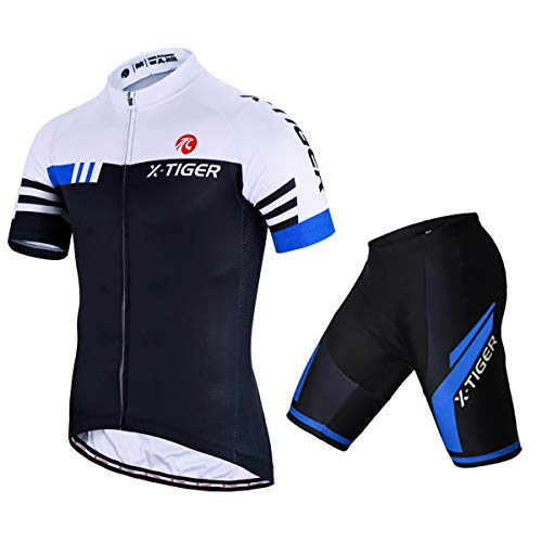 X-TIGER Hombres de Bicicleta con 5D Gel Acolchado MTB Ciclismo Tirantes Culotte Pantalones Cortos Culotes (XL, Azul)