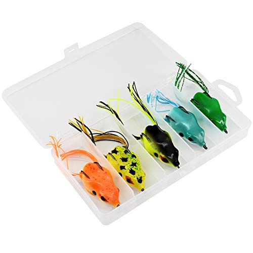 YancLife Juego de 5 señuelos de pesca con forma de rana, suaves, con caja de pesca, cebo artificial, cebo de goma, 5,5 cm, multicolor