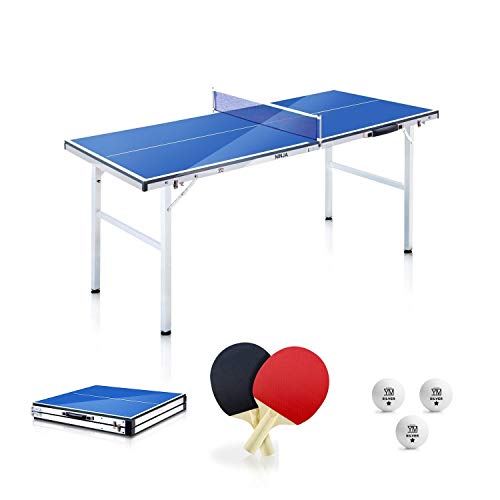 YM - Mesa de ping pong plegable Mini Ninja en maletín, portátil y compacto, estructura de acero con tubos de 25 mm, incluye raquetas y bolas. Dimensiones abierta: 150 x 67 x 69 cm.