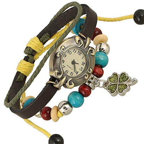 ZSDGY Hojas Pulsera de Cuero con Cuentas Lucky, Pulsera entrelazada Reloj Pulsera