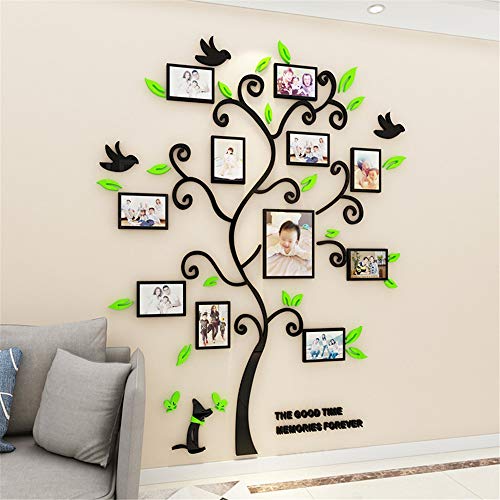 3D Cristal Tridimensional Marcos De Foto Pegatinas De Pared Árbol de la Foto Pared Adecuado Para Dormitorio Sala de Estar Sofá TV de Fondo Adhesivo Decorativo de Pared (L-146 * 175cm, Verde Claro)