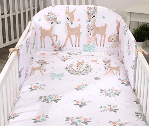 5 Piezas Juego de Cama Bebé Protector Edredón Ropa de Cama para Cuna 120 x 60 cm Bambi Deers Corzos Blancos