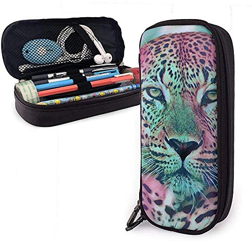 A Leopard with A God Cute Pen Estuche para lápices Cuero Gran capacidad Cremalleras dobles Bolso para lápices Bolsa Estuche para lápices 20cm * 9cm * 4cm