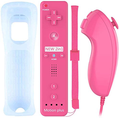 Acexy Wii Wireless Remote Motion Controller y Nunchuk - Reemplazo del Controlador de Juego Remoto con Funda de Silicona y Pulsera, Compatible con Nintendo Wii y Wii U (Rosado)