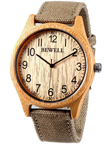 Alienwork Reloj Unisex Relojes Hombre Mujer Cañamazo Verde Analógicos Cuarzo Amarillo Impermeable bambú Natural Hecho a Mano