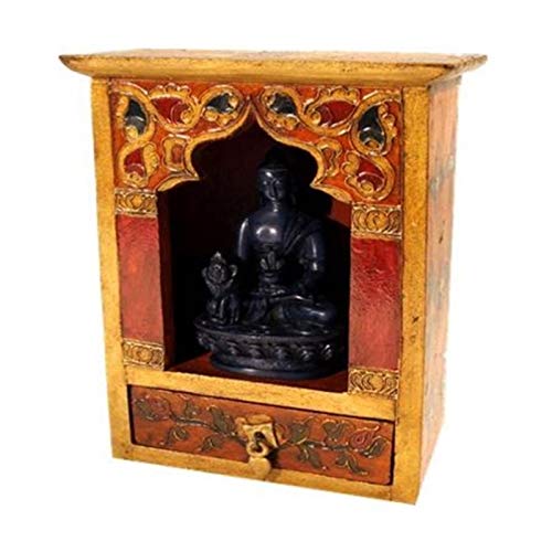Altar artesanal de madera, 16,5 x 14 x 22 cm, pintado y hecho a mano en Nepal con cajón altarino para estatua de 22 cm de altura.