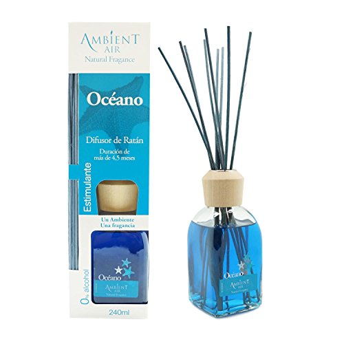 Ambientair Classic. Difusor de varillas perfumadas. Ambientador Mikado aroma Océano. Difusor 240 ml con palitos de ratán. Ambientador para Hogar sin alcohol.