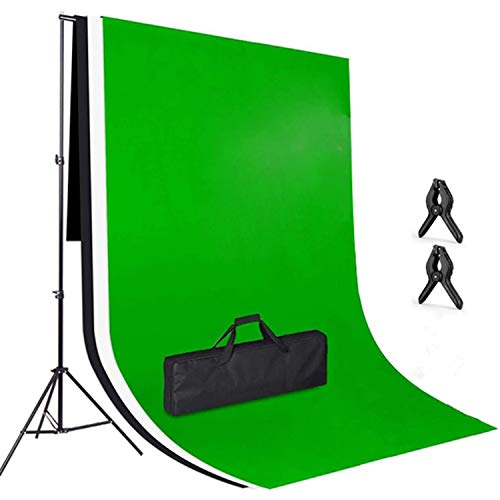 Amzdeal 3 × 2m Soporte de Fondo, con 3 Fondos Fotográficos （Verde Blanco Negro）en Tela Lavable y planchable, Soporte Ajustable en Altura de 3 × 2 m 65-200 cm para Photo Studio Portrait Video Objeto