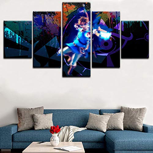 Angel&H 5 Paneles Moderno Mural Decorativo Legend of Zelda Breath of The Wild Modular Imágenes Lona Impresión Juego Pinturas Casa Decorativo,B,20x30x2+20x50x1+20x40x2